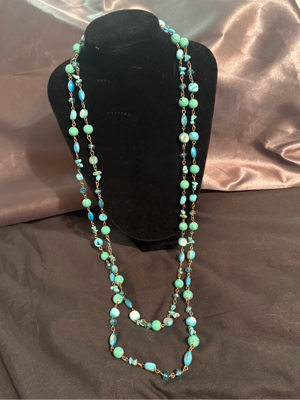 Teal, Aqua, and Green Beaded Necklace - 15 inch drop